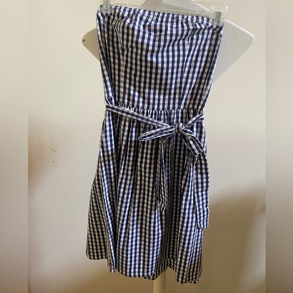 Strapless White and Navy Gingham Dress